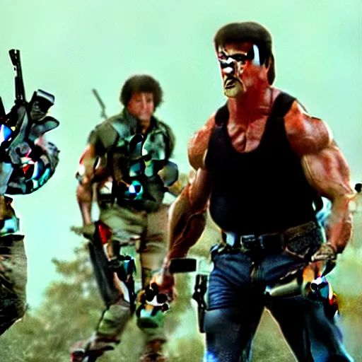 Prompt: stallone rambo and schwarzenegger commando loaded with weapons, derelict tech in the background