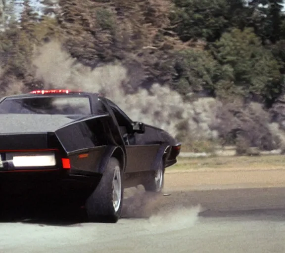 Prompt: a close - up, color cinema film still of knight rider kitt leaping over a jump, action cinematic.