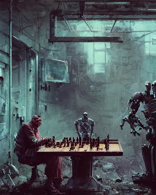 Image similar to a highly detailed epic cinematic concept art CG render digital painting artwork: A robot playing chess with a dead old man in a decayed gas station. volumetric lighting. By Greg Rutkowski, in the style of Francis Bacon and Syd Mead and Norman Rockwell and Beksinski, open ceiling, highly detailed, painted by Francis Bacon and Edward Hopper, painted by James Gilleard, surrealism, airbrush, Ilya Kuvshinov, WLOP, Stanley Artgerm, very coherent, triadic color scheme, art by Takato Yamamoto and James Jean