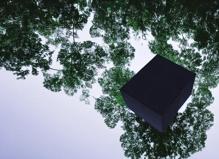 Prompt: black hypercube floating in a forest