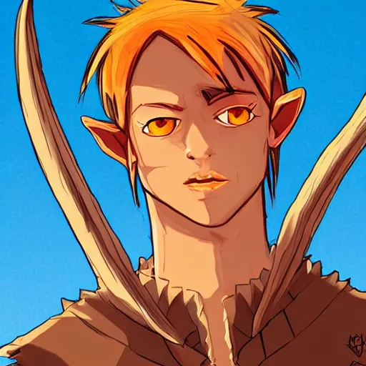 Image similar to dnd character illustration of a tanned half - elf with messy short red hair and golden eyes with slit pupils, androgynous, feral, glowing, golden hour