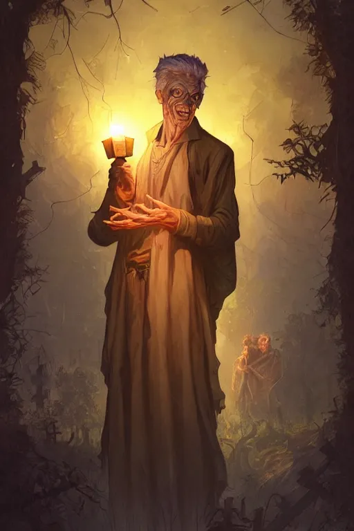 Image similar to male senior holding a lantern in a cemetery several zombies, highly detailed, digital painting, artstation, concept art, smooth, sharp focus, illustration, art by artgerm and greg rutkowski and alphonse mucha and andrei riabovitchev