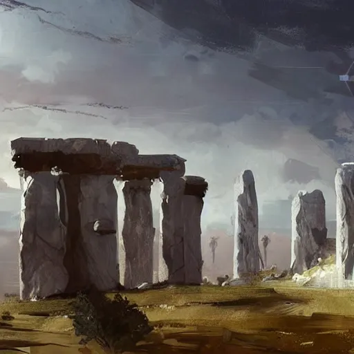 Prompt: concept art by ismail inceoglu of a small, white marble cliff in a meditereanian landscape, with stone henge on top