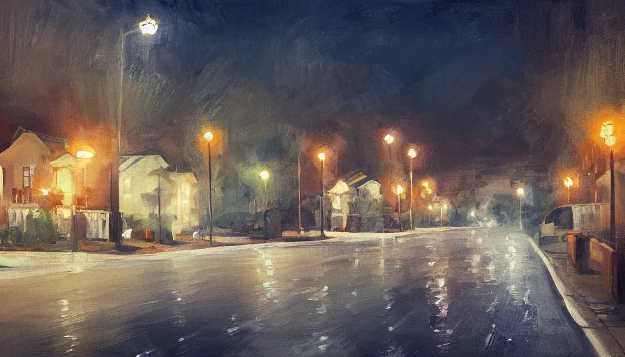 Prompt: a painting of a suburban street at night by jama jurabaev, cinematic shot, trending on artstation, high quality, ultra realistic