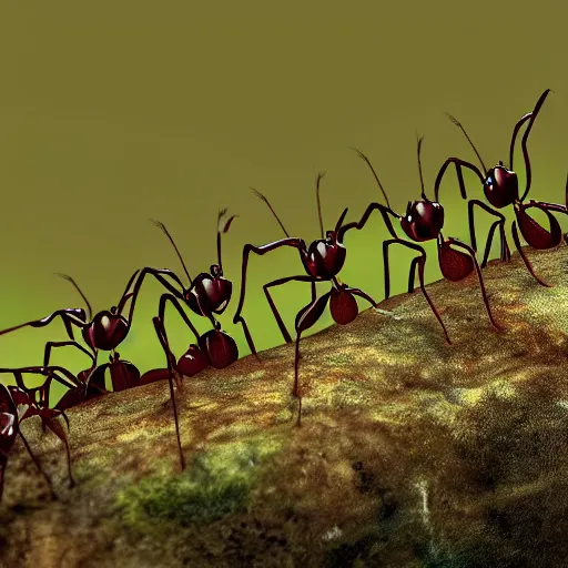 Prompt: king of ants, ant wearing crown ordering ant minions, cinematic, 4k, movie shot, ultra epic