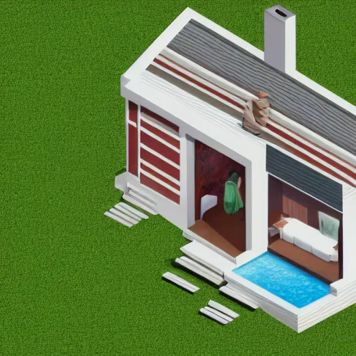 Image similar to jennifer lawrence as a house, isometric, hdr photorealism