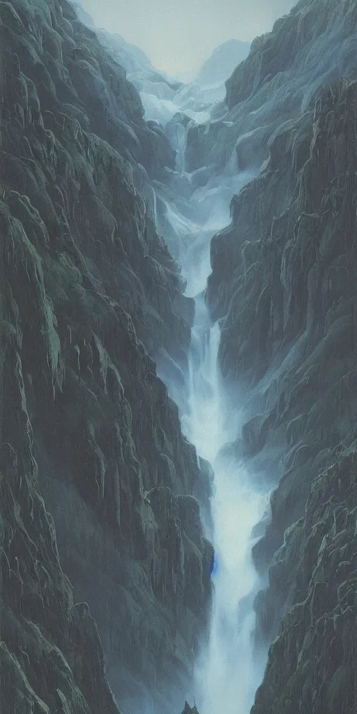 Image similar to an impressive waterfall on the side of a huge mountain, moody, mist, highly detailed, by vincent di fate nausicaa and ghibli