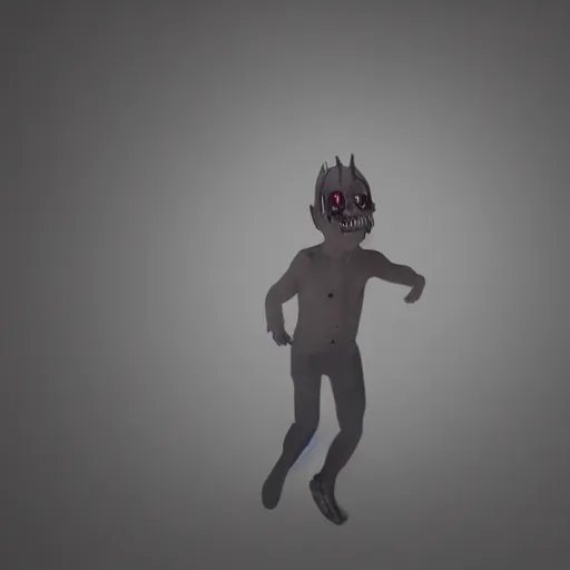 Prompt: transparent demon who wears clothes, chasing me around the dinner table in slow motion, dark, gloomy, terrifying
