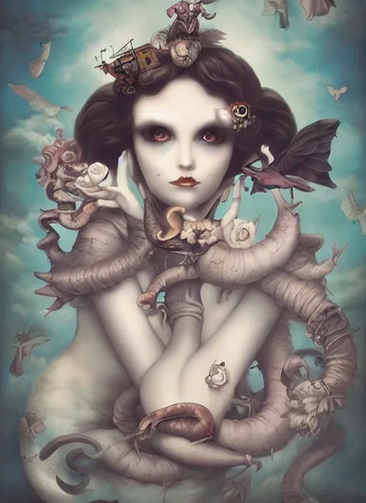 Image similar to pop surrealism, lowbrow art, psychic flying tandem war elephant, rococo, natalie shau, loreta lux, tom bagshaw, mark ryden, trevor brown style,