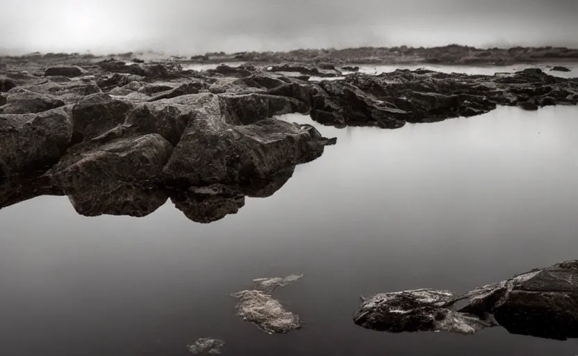 Image similar to extreme low angle camera lens partially submerged in water showing the surface of a lake with a rocky lake shore in the foreground, scene from a film directed by charlie kaufman ( 2 0 0 1 ), foggy volumetric light morning, extremely moody, cinematic shot on anamorphic lenses