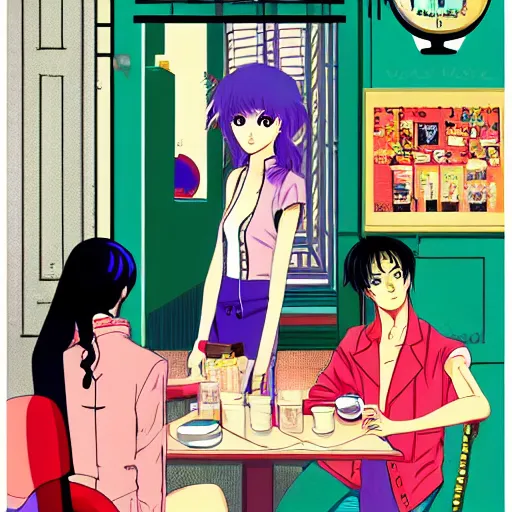 Prompt: young woman at a cafe in paris, graphic novel, pixel art, visual novel cg, 8 0 s anime vibe, vaporwave nostalgia, vogue magazine, kimagure orange road, maison ikkoku, city hunter, great teacher onizuka