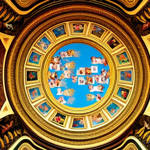 Image similar to photo of an ornated circular ceiling, full of paintings of angels, centered symmetrical highly detailed