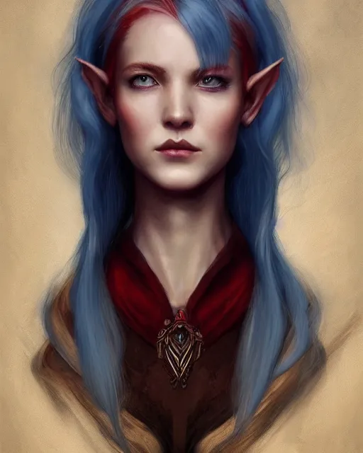 Prompt: A detailed matte oil on canvas head on symmetrical portrait of a distinguished elven woman with split red hair left and blue hair on an empty background, by Charlie bowater, Wlop, trending on artstationhd, dungeons and dragons art, half & half hair, split dye, critical role