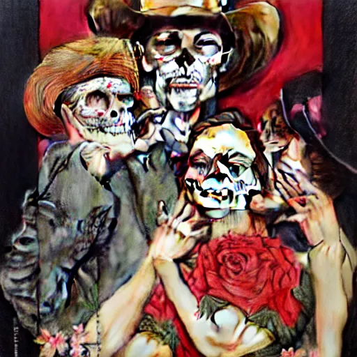 Image similar to in the style Norman Rockwell and Joshua Middleton comic cover art, mila kunis, skull paint, dia de Los muertos, trenchcoat, day of the dead, full body, smiling, cowboy hat