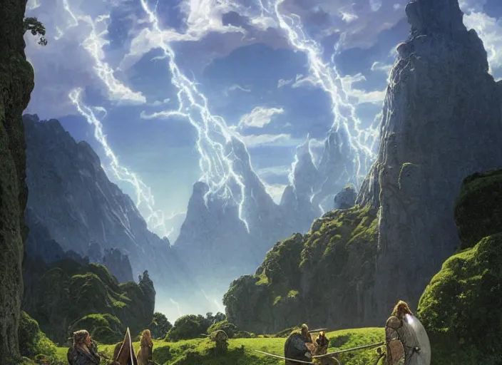 Image similar to medieval adventuers in the shire scenery landscape, lord of the rings, portal, highly detailed, perfect lighting, perfect composition, 4 k, maxfield parrish, artgerm, derek zabrocki, greg rutkowski