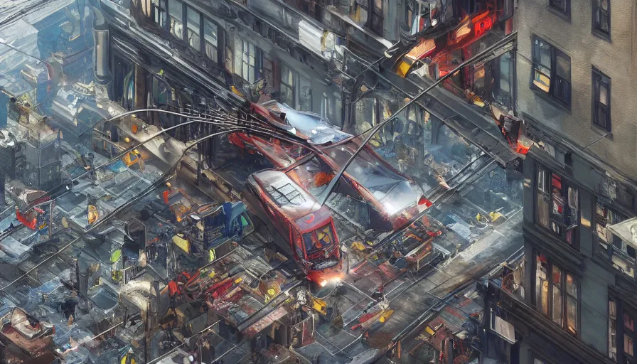 Prompt: Spectacular scene of an aerial streetcar crashing in New York, hyperdetailed, artstation, cgsociety, 8k