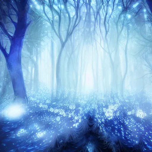 Prompt: portrait of an ethereal forest made of blue light, divine, cyberspace, mysterious, dark high-contrast concept art