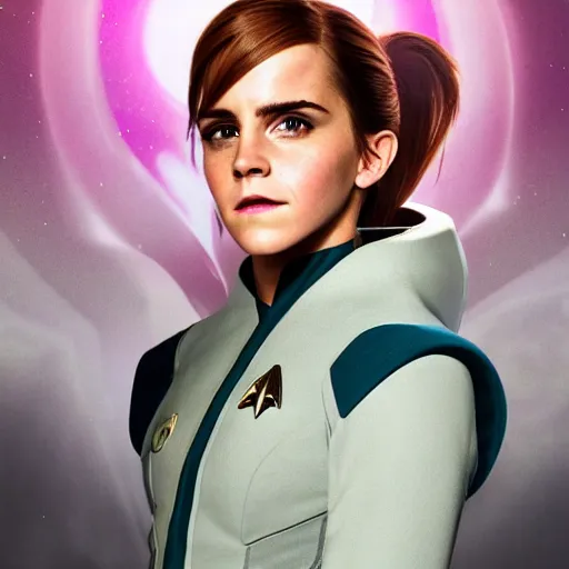 Image similar to a portrait of emma watson as a star fleet officer from star trek next generation, ultra rendered extreme realism and detail, 8 k, highly detailed, realistic, completely framed, pbr, surreal, hyper realistic, colorful, direct lighting, 3 5 mm photo, photorealistic, sharp focus