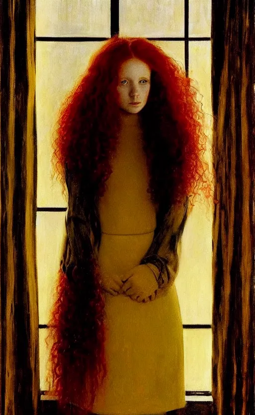 Image similar to portrait of a girl with long red hair, very beautiful style, the girl standing in a black room by the window, in a gold suit, photorealism, andrei tarkovsky maurilio manara,