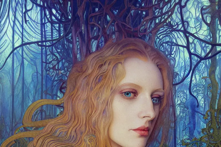 Image similar to realistic detailed portrait painting of a beautiful ghost woman with blond hair with an alien, futuristic sci-fi forest on background by Jean Delville, Amano, Yves Tanguy, Alphonse Mucha, Edward Robert Hughes, Roger Dean, rich moody colours, blue eyes