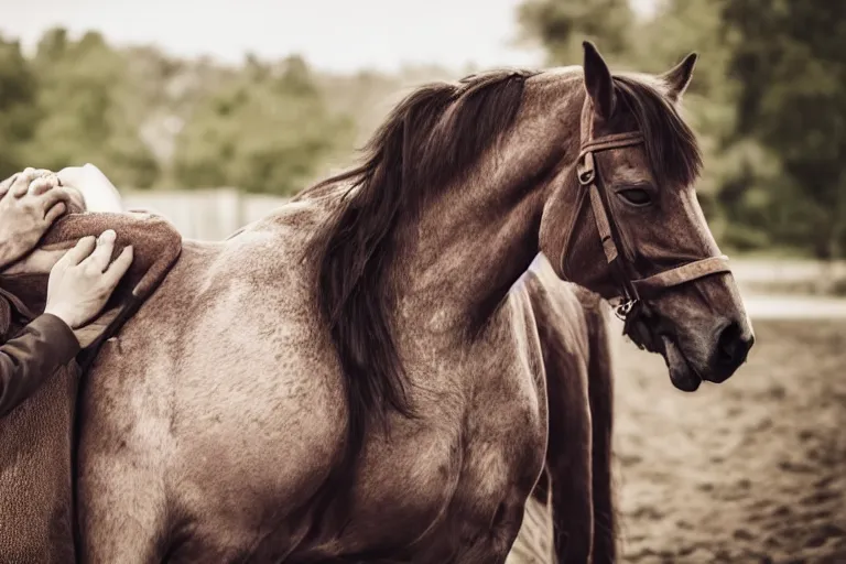 Prompt: a depressed photo of a dying guy crying while his horse is crying