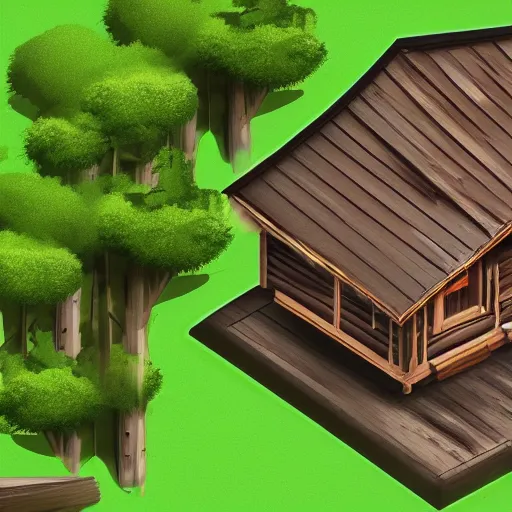 Image similar to concept art of a cabin in the woods, isometric view, unreal engine