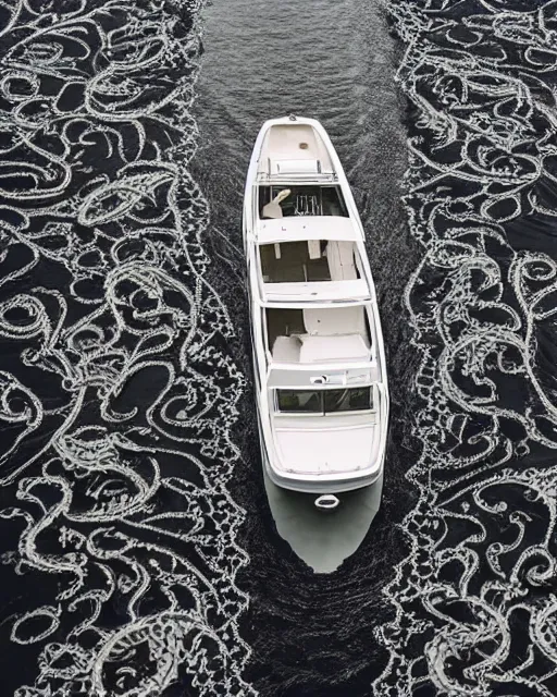 Image similar to the wake of a boat, made of intricate decorative lace leaf skeleton, shot from a drone, in the style of the dutch masters and gregory crewdson, dark and moody