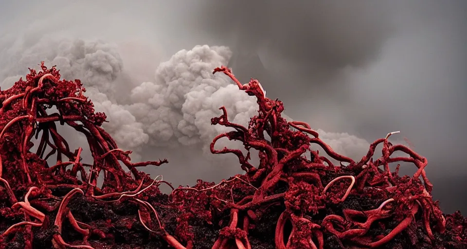Prompt: a volcano made of ivory vines and crimson rocks enters in eruption, it spits a smoke in the shape of demonic eye, by Kirsty Mitchell