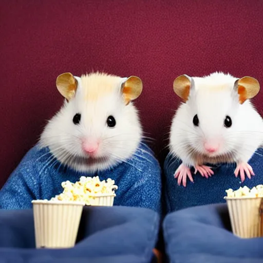 Image similar to photo of two hamsters, bucket of popcorn next to them on a cinema seat, various poses, unedited, dim light, sharp focus, 8 k