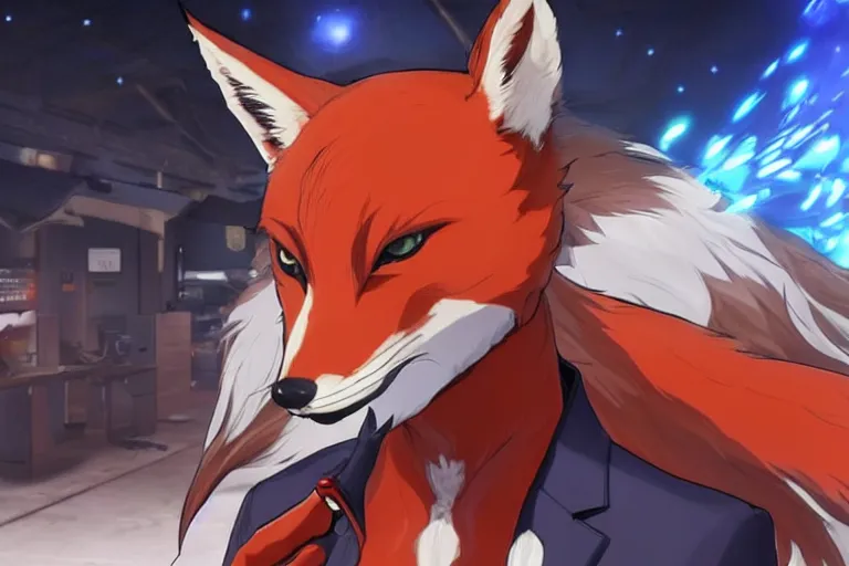 Image similar to a furry tan male fox on a persona 5 : royal ( by atlus ) video game splash screen, a furry male sandcolored tan fox fursona ( has hair ), persona 5 phantom thief style