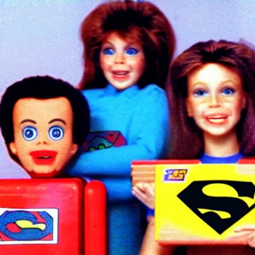 Image similar to vhs footage of an 8 0 s toy commercial of a super creepy toy