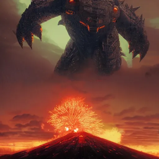 Image similar to pacific rim, godzilla ( 2 0 1 4 ), flares, halo, by simon stalenhag