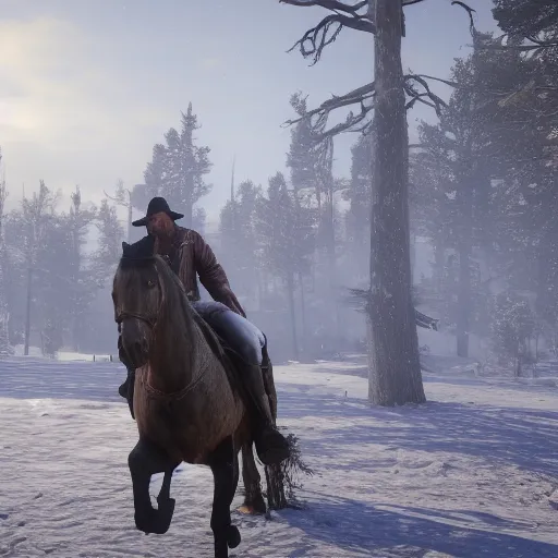 zesty-seal663: Arthur Morgan from Red Dead Redemption 2 riding his horse  across the country