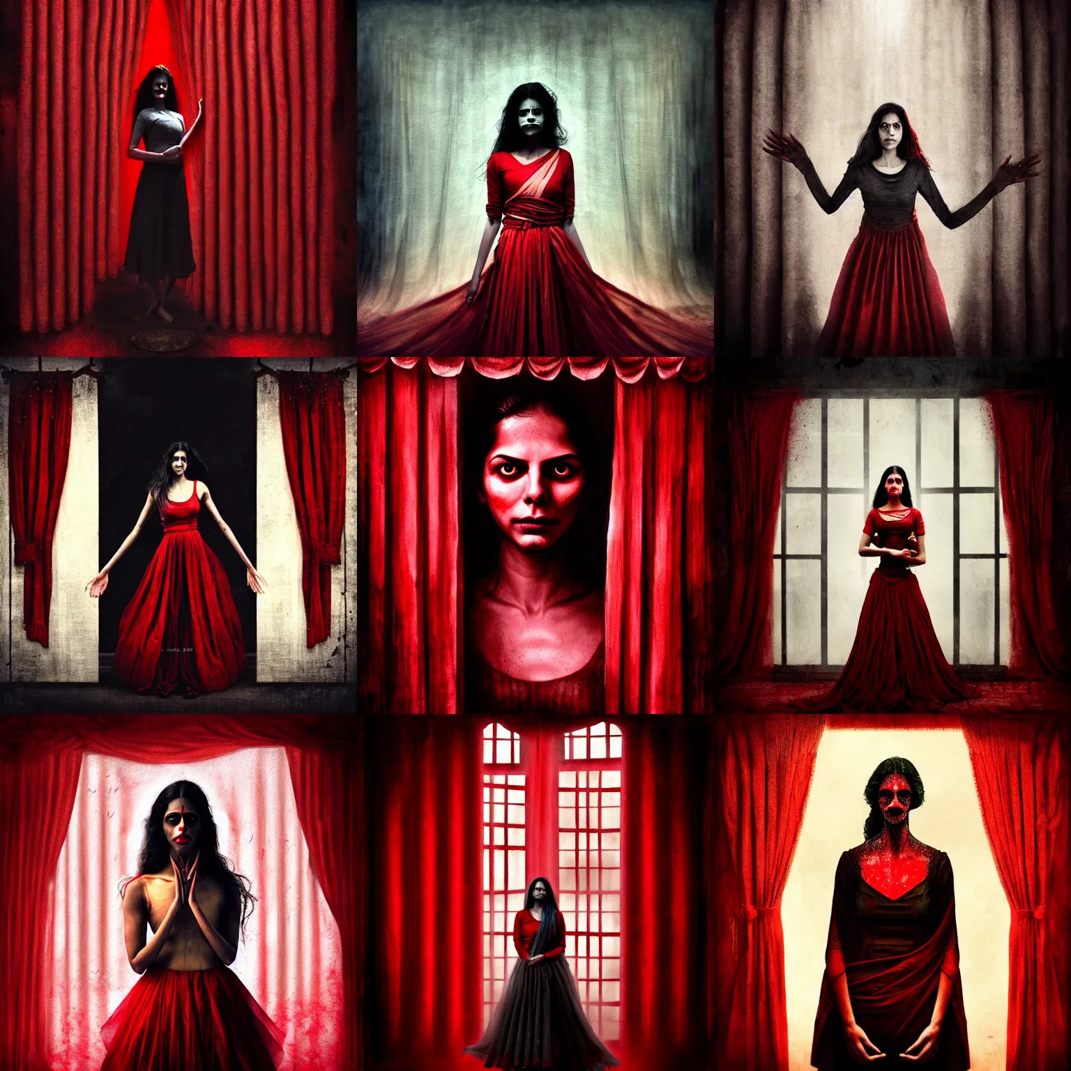 Prompt: Malavika Mohanan with no mouth as strings puppet behind red curtains by Brooke Shaden, medium shot, intricate, dystopian, sci-fi, extremely detailed, digital painting, artstation, concept art, smooth, sharp focus, illustration, intimidating lighting, incredible art, details visible, very dark ambiance