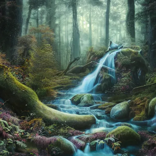 Prompt: tom bagshaw, beautiful full wolf, mythical cosmic shrine, soft painting render curiosities carnival pond river vegetation rocks bugs wildlife mushrooms covered moss bioluminescent wisps, beautiful stunning waterfall, accurate features, focus, very intricate ultrafine details, random volumetric lighting, fog, award winning masterpiece, octane render 8 k hd, artstation