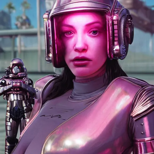 Prompt: highly detailed upper body portrait christina hendricks wearing shiny metallic pink plastic armor cyberpunk in gta v, stephen bliss, unreal engine, fantasy art by greg rutkowski, loish, rhads, ferdinand knab, makoto shinkai and lois van baarle, ilya kuvshinov, rossdraws, tom bagshaw, global illumination, radiant light, detailed and intricate environment