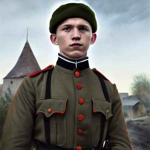 Prompt: fullbody portrait of angry tom holland wearing russian ww 1 clothes, with black clack coal - color beanie on head, white thatch houses in village at background, style ivan talavera and artgerm, radiant lighting, hyper realistic, photorealistic, octane render, trending on artstation, cgsociety, cinematic light, global illumination