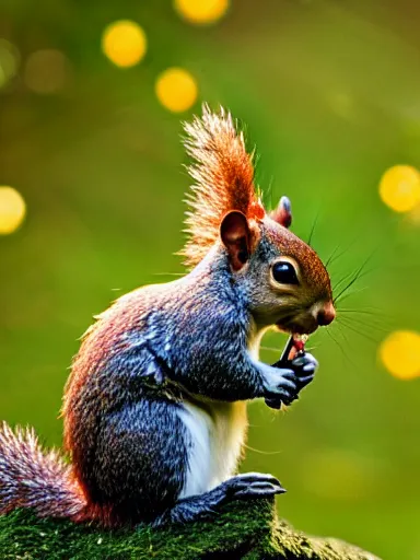 Prompt: the squirrel king, extremely plump, wearing crown of acorns and dandelions, servant squirrels, king arthur's court, game of thrones, sitting on throne, low angle, palace, fantasy art, cinematic lighting, realistic, sony 2 4 mm f 4. 0