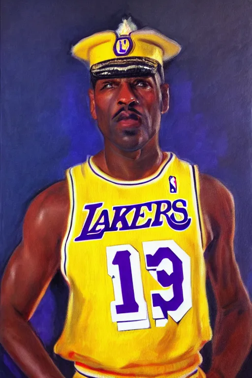 Image similar to full body portrait of the dictator of the los angeles lakers, 1 9 5 5, in full military garb, oil on canvas by william sidney mount, trending on artstation