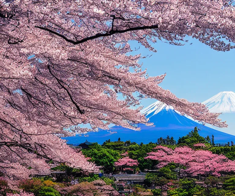 Image similar to mount fuji, japanese landscape with sakura trees, seen from a window of a train. beautiful! dlsr photo