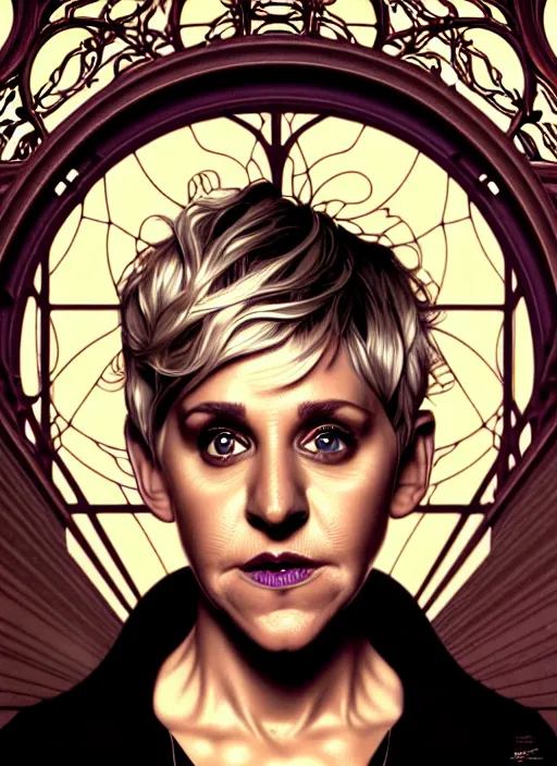 Image similar to portrait of ellen degeneres, volumetric lights, feast, music notes, art nouveau botanicals, gothic, intricate, highly detailed, digital painting, artstation, concept art, smooth, sharp focus, symmetric face, illustration, steampunk, art by artgerm and greg rutkowski and alphonse mucha