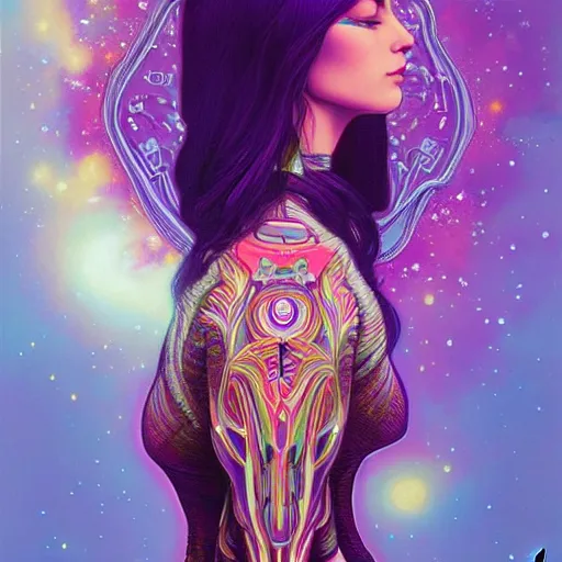 Image similar to Psychedelic Portrait of very very very very very very beautiful woman, spacesuit, purple eyes, intricate, elegant, highly detailed, trippy, dmt, digital painting, artstation, concept art, smooth, sharp focus, illustration, art by artgerm and greg rutkowski and alphonse mucha