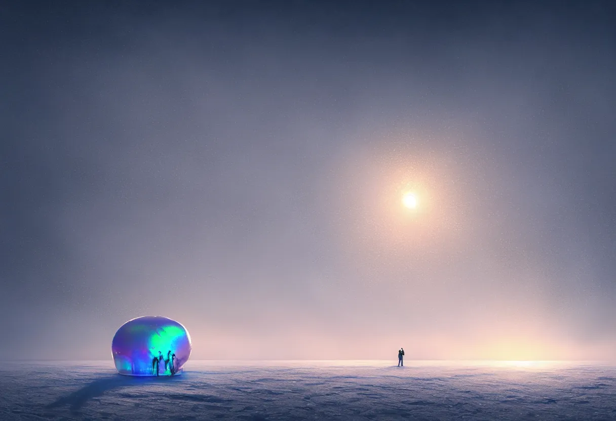 Prompt: strange transparent iridescent alien jellyfish emerging from surface of another frozen winter planet at sunset, ultra high definition, ultra detailed, symmetry, fog, matte painting, by greg rutkowski and ross tran and wlop