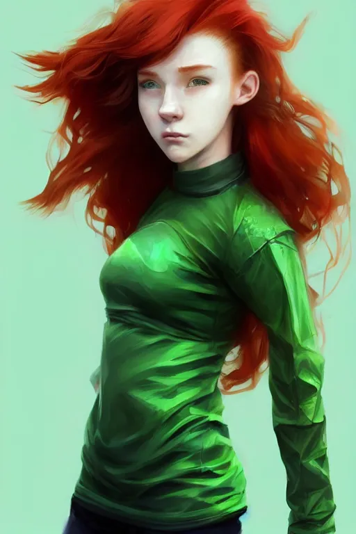 Image similar to beautiful cute athletic red haired eighteen year old young woman standing up, casual green clothing, long straight hair, cyberpunk city, attractive cheerful face, casual pose, rpg character, sci - fi, intricate, elegant, digital painting, artstation, concept art, smooth, 8 k frostbite 3 engine, ultra detailed, art by artgerm and greg rutkowski and magali villeneuve
