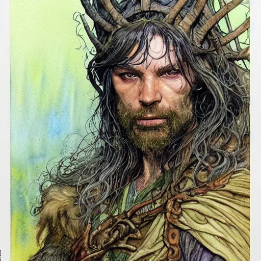 Prompt: a realistic and atmospheric watercolour fantasy character concept art portrait of ian mc kellen as a druidic warrior wizard looking at the camera with an intelligent gaze by rebecca guay, michael kaluta, charles vess and jean moebius giraud