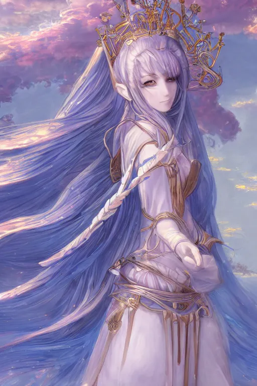 Image similar to breathtaking detailed anime painting of a knight queen with long flowing blue hair, pastel flower petals flying, at dawn in front of a pristine golden art nouveau cathedral, art by pilyeon, elegant, volumetric lighting, highly detailed, artstation, concept art, matte, sharp focus,