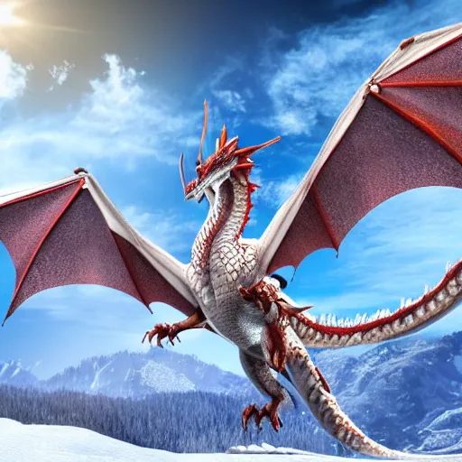 Image similar to High quality, beautiful and majestic western dragon in the mountains surrounded by snow and trees with wings spread out to the side while roaring, ultra high quality, 3d rendering, award-winning