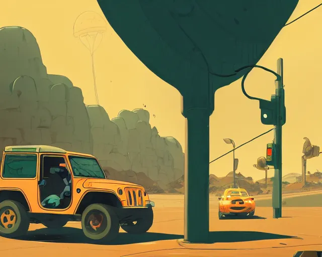 Image similar to a study of cell shaded cartoon frog driving a jeep on a desert road, street lamps, road, illustration, wide shot, subtle colors, post grunge, concept art by josan gonzales and wlop, by james jean, victo ngai, highly detailed, sharp focus, trending on artstation, hq, deviantart, art by artgem