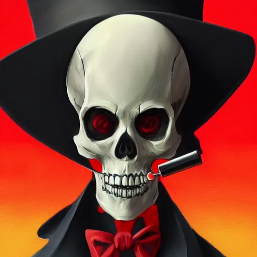 Prompt: close portrait of a fancy skeleton grim reaper with red eyes and with a top hat, smoking a pipe, vaporwave, bedroom, highly detailed, digital painting, artstation, concept art, smooth, sharp focus, illustration, art by artgerm and greg rutkowski and alphonse mucha