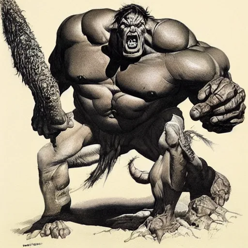 Prompt: hairy, thick muscled, overbearing, hungry, menacing, giant painted by bernie wrightson, boris vallejo, frazetta